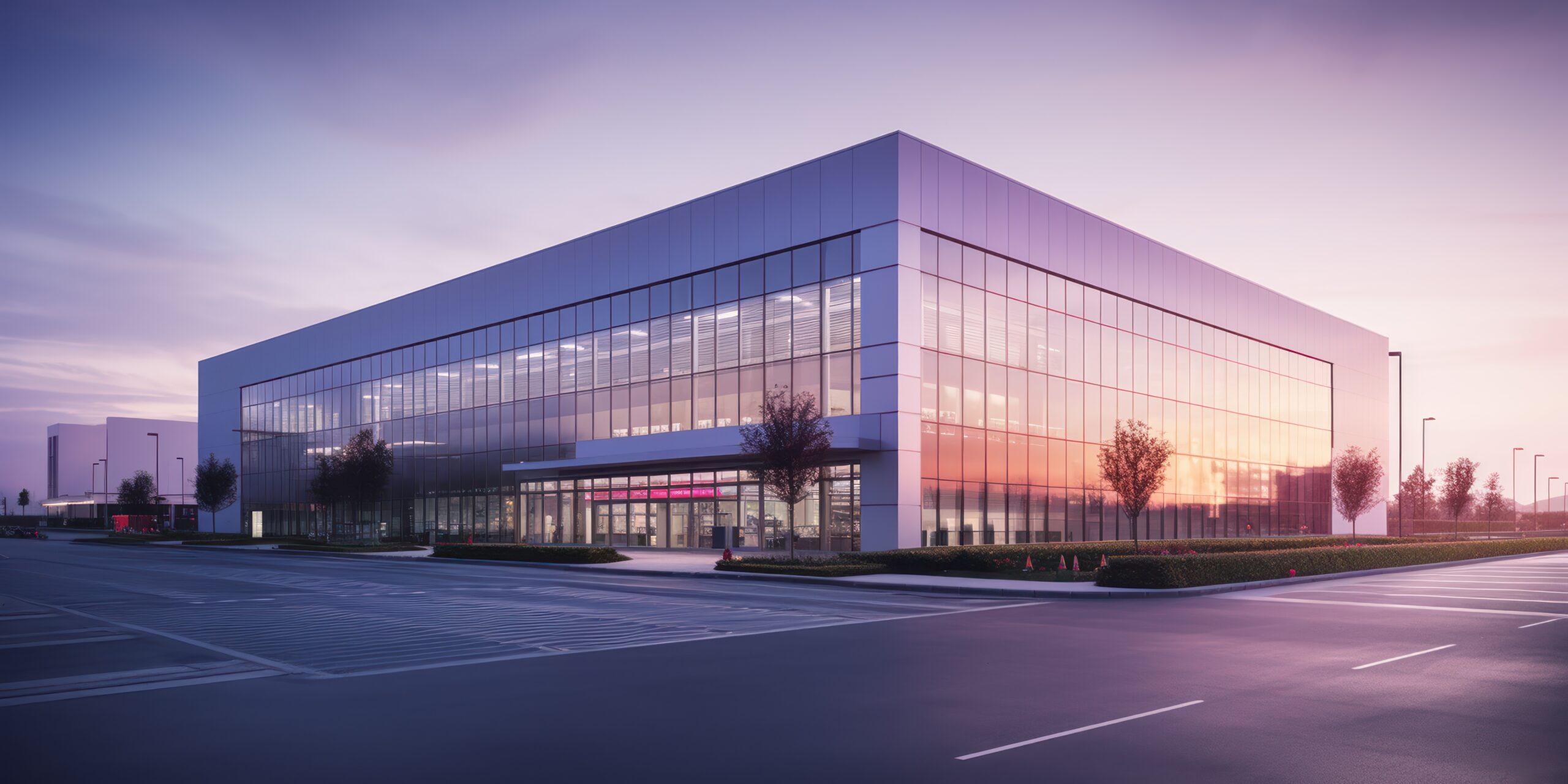 Modern warehouse bathed in the glow of the setting sun.